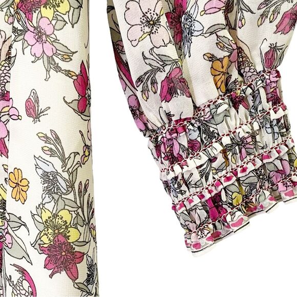 NWT Max Studio Smocked Cream Pink Floral Bird Print Mini Dress Size Medium NEW - Picture 8 of 15